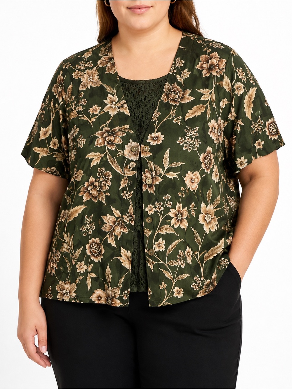 Alfred Dunner Floral Button Front Blouse Green Beige Plus Size 22W
